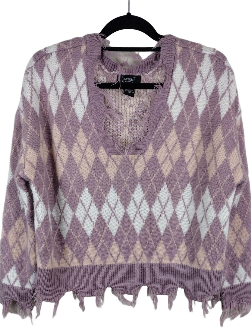 Just Polly New York Purple Argyle Fringed V-Neck Long Sleeve Cropped Sweater Top